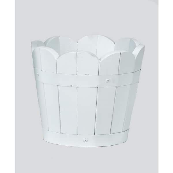 Unbranded 8 in. White Scalloped Acacia Wood Barrel Planters