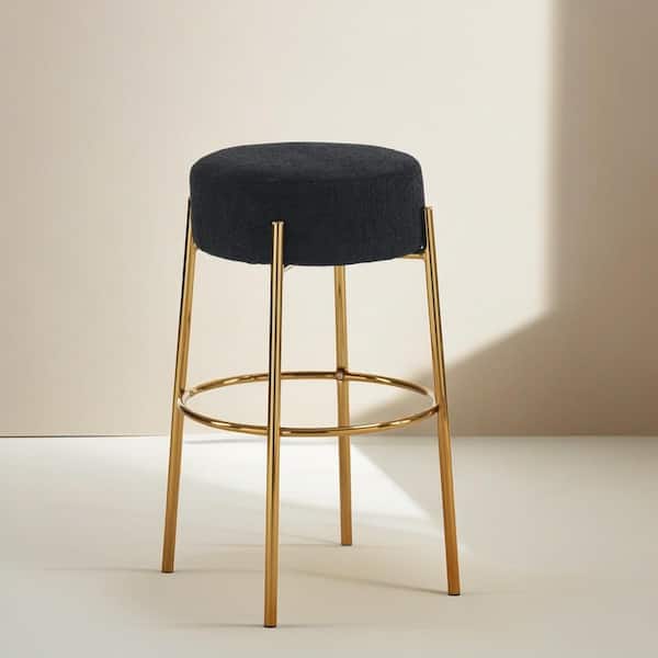 Noble House 30 in. H Black Backless Metal Round Upholstered Bar Stools, Teddy Fabric, Set of 2