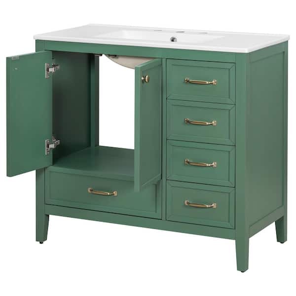 36 in. Single Sink Freestanding Green Bath Vanity with White Ceramic Top, 4 Drawer, Unassembled