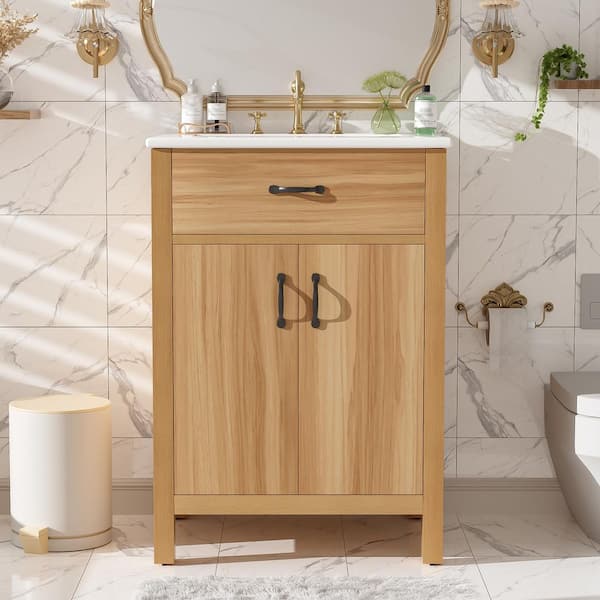 24 in. Single Sink Freestanding Wood Bath Vanity with White Ceramic Top, Flip Drawer, Door Racks, Adjustable Shelf