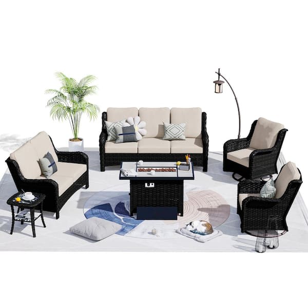 OVIOS Mercury Brown 6-Piece Wicker Patio Rectangle Fire Pit Conversation Seating Set with Beige Cushions