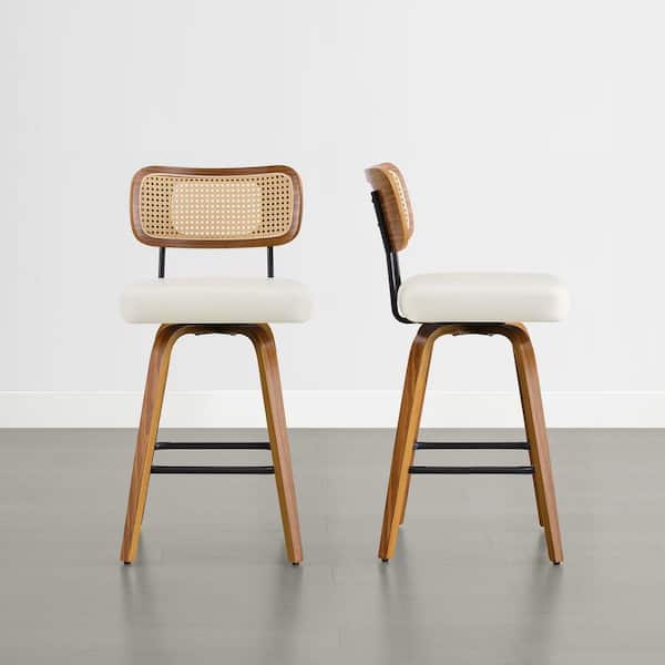 Mara 37.4" Beige 360° Swivel Bar Stools with Rattan Back, Wood Frame,Metal Footrest for Dining Room Set of 2