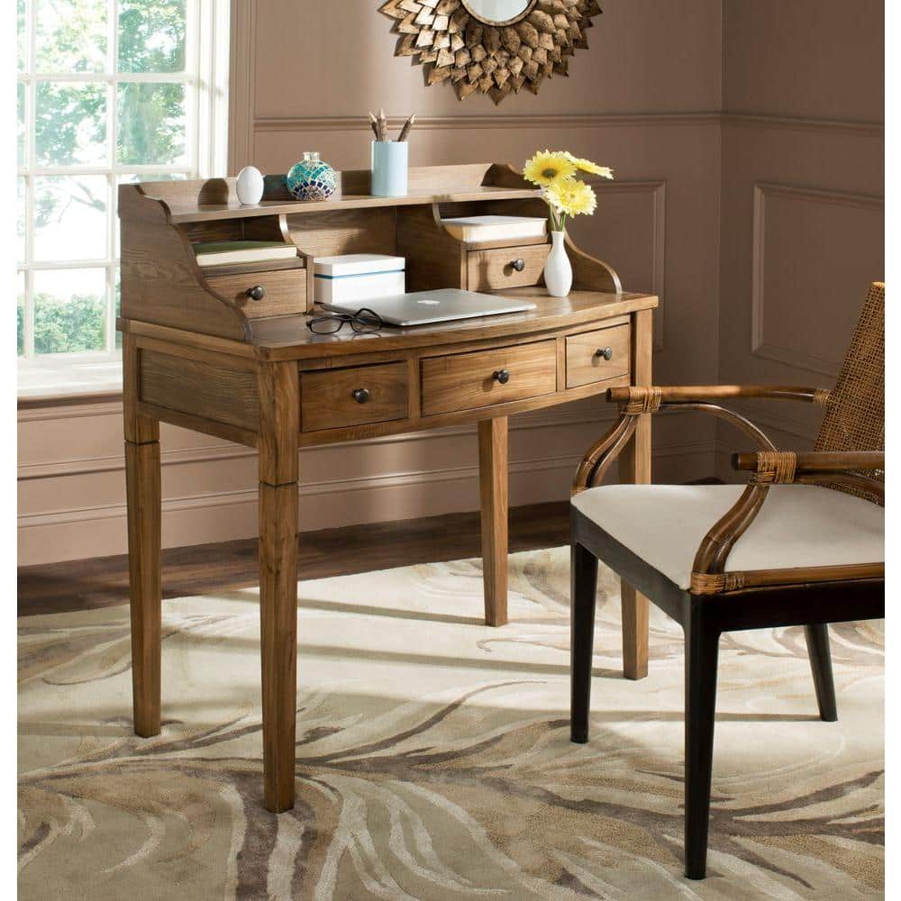 Transitional Oak 5-Drawer Writing Desk with Hutch and Cubbies