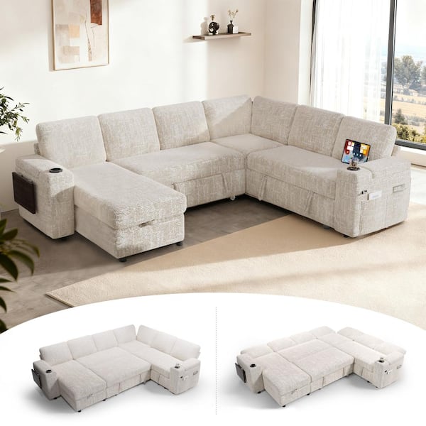 WEUP 111" Modular Sectional Sleeper Sofa with Pull Out Bed,Storage ...
