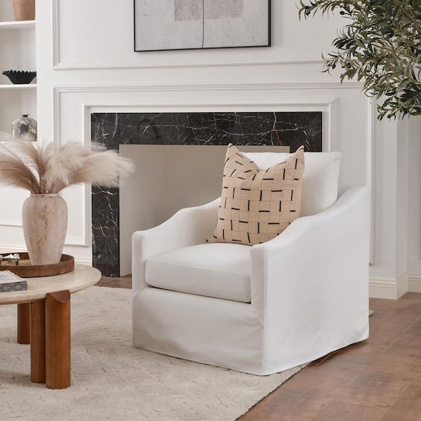 Pearl White Modern Down Fill Upholstered Slipcovered Swivel Barrel Chair