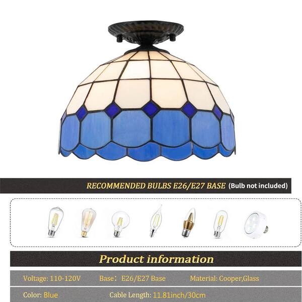 OUKANING 11.81 in. 1-Light White and Blue Retro Semi-Flush Mount