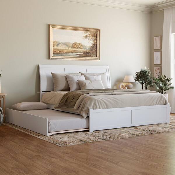 Portland White Solid Wood Frame King Platform Bed with Footboard and Twin XL Trundle