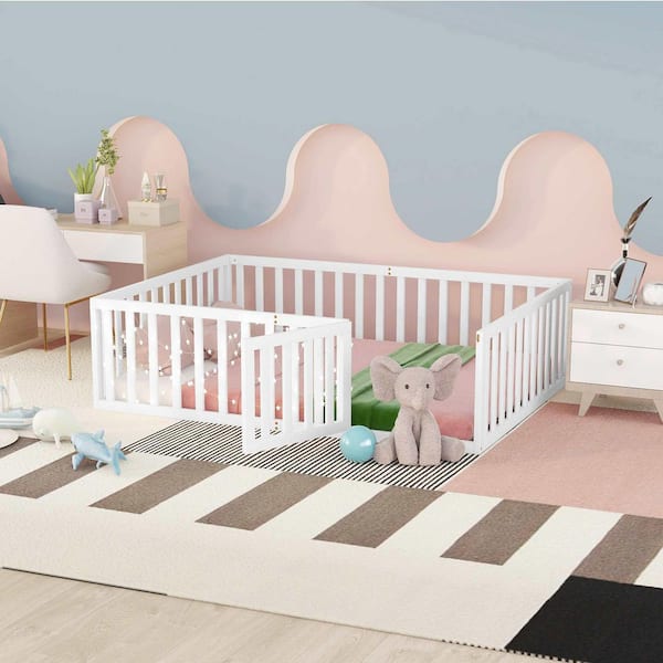 White Wood Frame Full Platform Bed with Fence