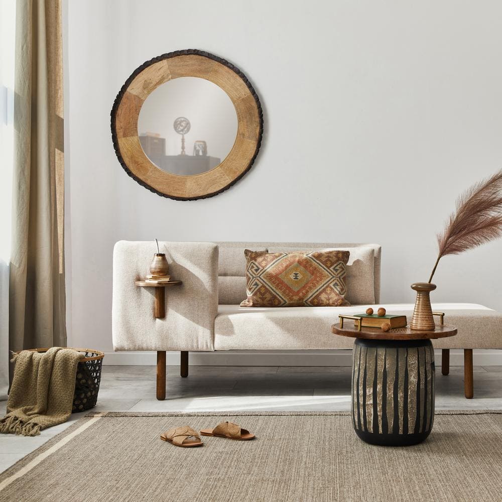 30.5" Round Brown Mango Wood and Glass Wall Mirror