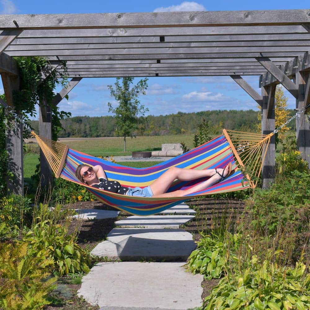Tropical Double Cotton Spreader Bar Hammock with Wood Frame