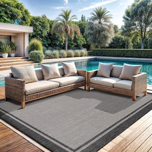 Hawaii Grey/Black 5 ft. x 7 ft. Bordered Indoor/Outdoor Area Rug