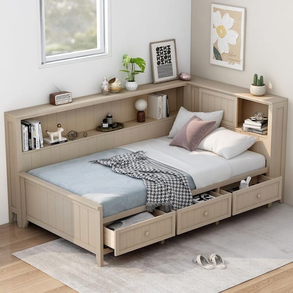 Ant Antique White Twin Size Daybed with Storage Headboard, 3-Drawers, Shelves, Sliding Doors