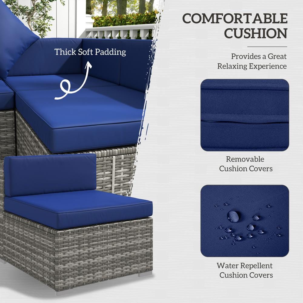 Mixed Gray and Blue PE Rattan Wicker 7-Piece Sectional Sofa Set