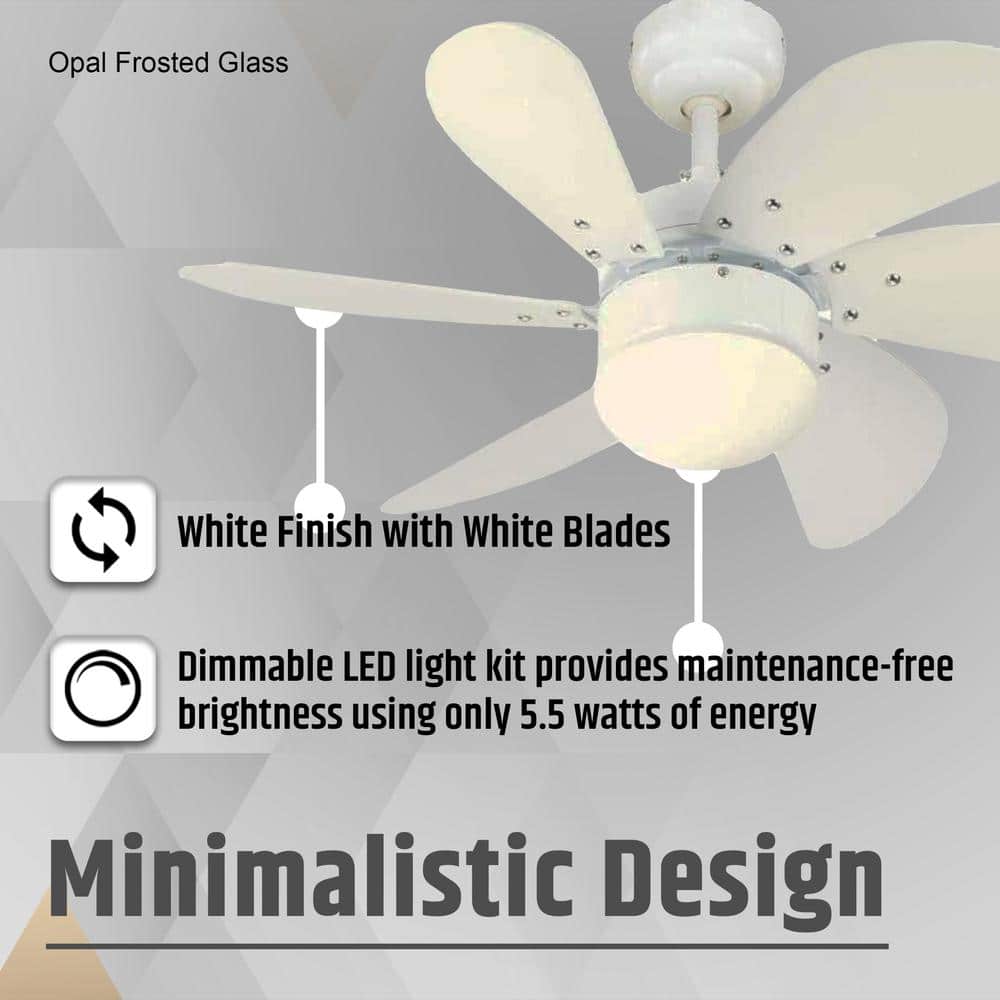 30'' White LED Ceiling Fan with Frosted Glass Light