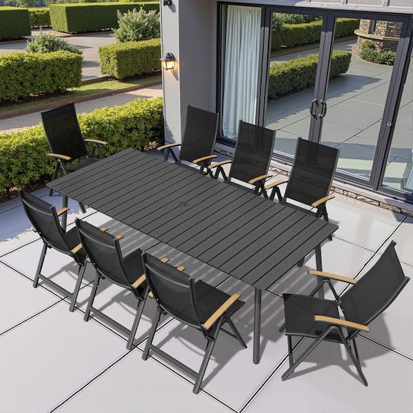 Pellebant 9-Piece Black 94.5 in. Aluminium Wood-Like Rectangle Outdoor Dining Set with Umbrella Hole and Foldable Recliner Chairs