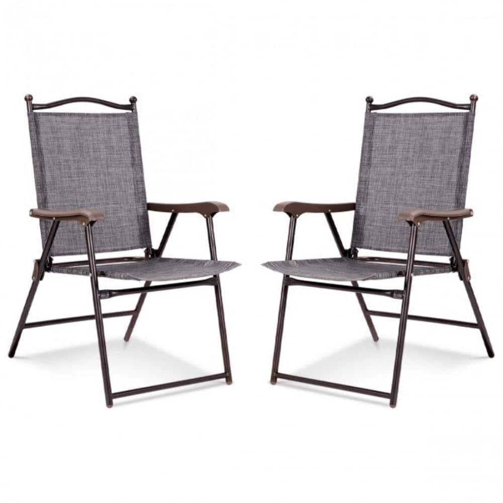 Gray Steel Frame Folding Camping Chairs with Arms, Set of 2