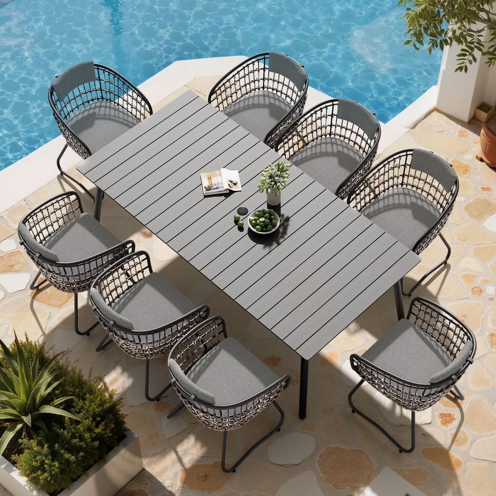 9 of Piece 83 in. Dark Gray Aluminum Rectangle Table Wicker Chairs Outdoor Dining Set with Gray Cushion