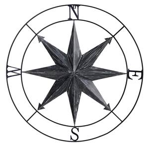 40 in. Washed Nautical Black Metal Compass Wall Art Decor