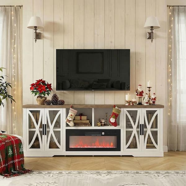 93 in. White Freestanding Fireplace TV Stand Fits Up to 98 in. with Ample Storage