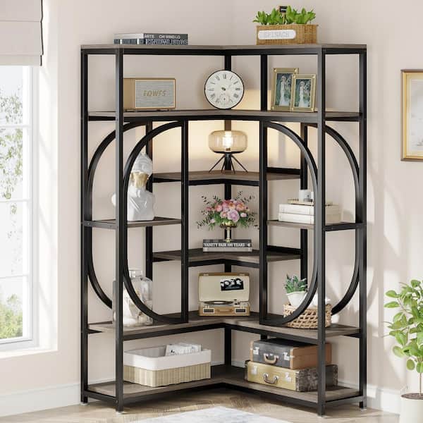 BYBLIGHT Eulas 35.43 in. Wide Rustic Gray 14 shelf Industrial L-Shaped Corner Bookcase with Open Back