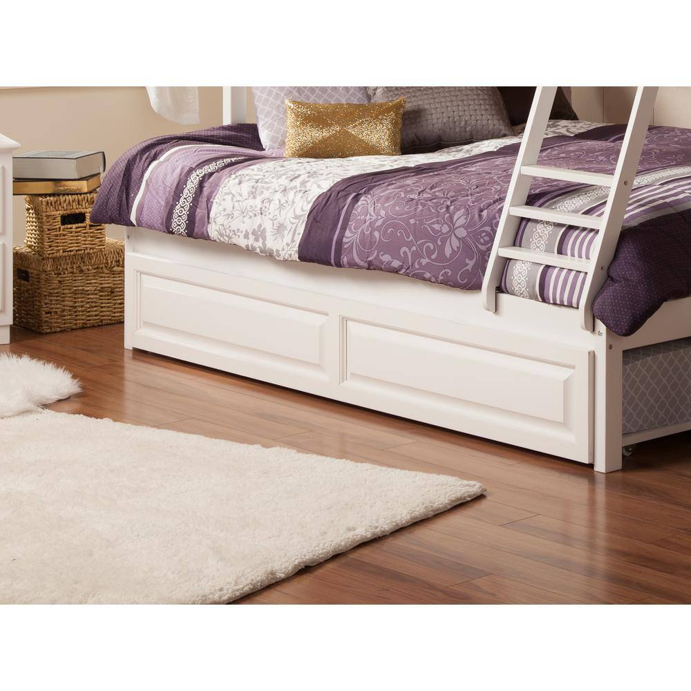 White Twin Wood Trundle Bed with Storage Drawer