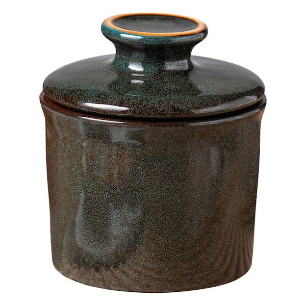 Greenish Brown Ceramic Butter Crock with Lid, 6.8 oz Rustic French-Style Butter Keeper for Kitchen Countertops