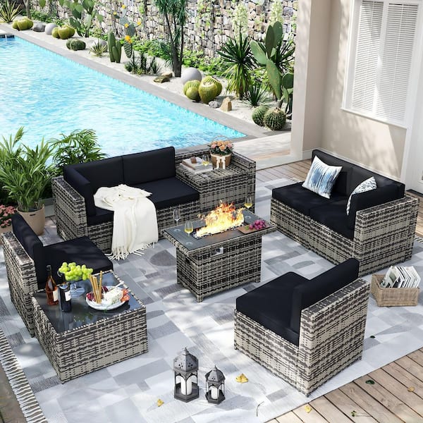 Sizzim Gray 8-Piece Wicker Rattan Outdoor Sectional Set with 50000 BTU Gas Fire Pit Table and Black Cushions, Coffee Table