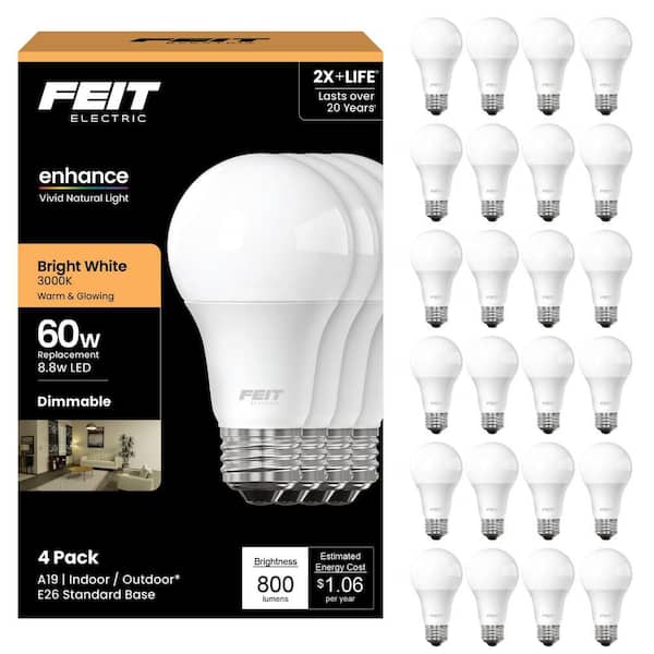 60-Watt Equivalent A19 Dimmable CEC Title 20 90+ CRI E26 Medium LED Light Bulb, Bright White 3000K (24-Pack)