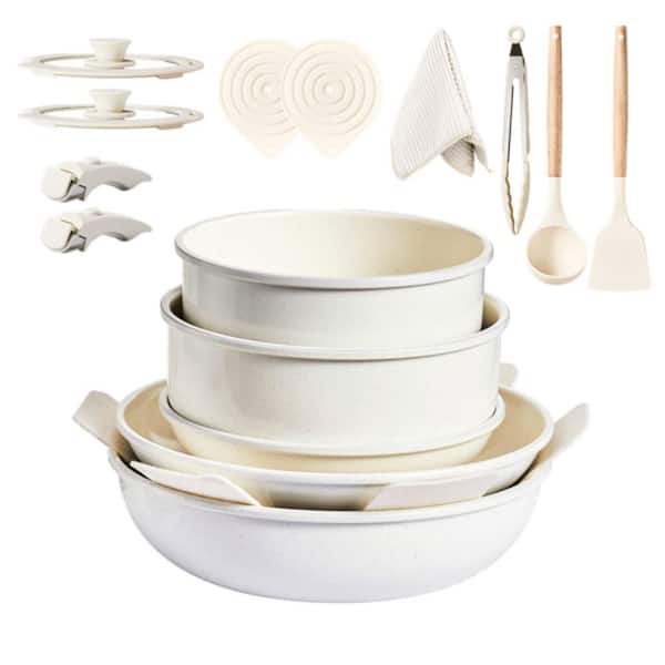 17-Piece Multi-Surface Non-Stick Cookware Set-Removable Handles Aluminum Pots Pans (Oven Dishwasher Safe Cream White)