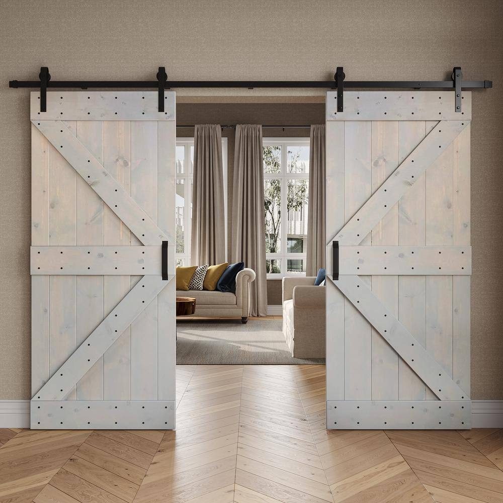 Light Grey Pine Wood Double Sliding Barn Door with Hardware Kit