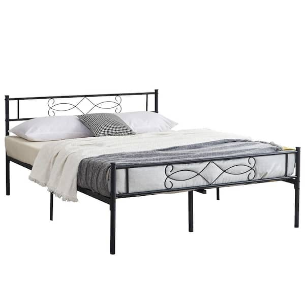 Queen Size Metal Bed Frame 60 in. W Metal Platform Bed Headboard and Footboard Metal Slat Support Black Bed Frames