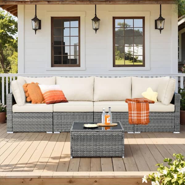 weaxty W Daffodil E Gray 5-Piece Wicker Patio Conversation Sofa Set with Beige Cushions