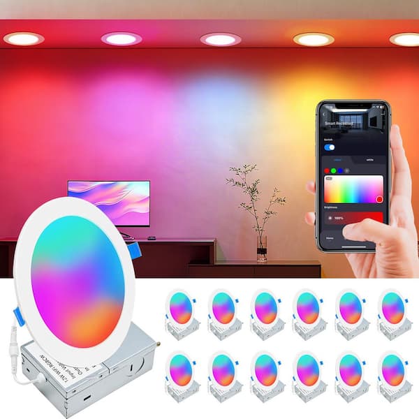 6 in. 12W Smart Integrated LED RGBCW Canless Ultra-Thin Recessed Donwlight 120LM/W APP/Bluetooth Control (12Pieces)