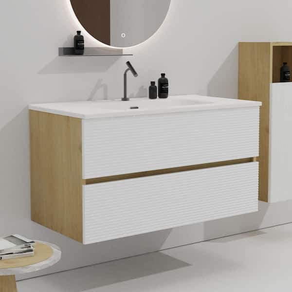 36 in. Single Sink Floating White Walnut Bath Vanity with White Ceramic Top, Pre-assembled
