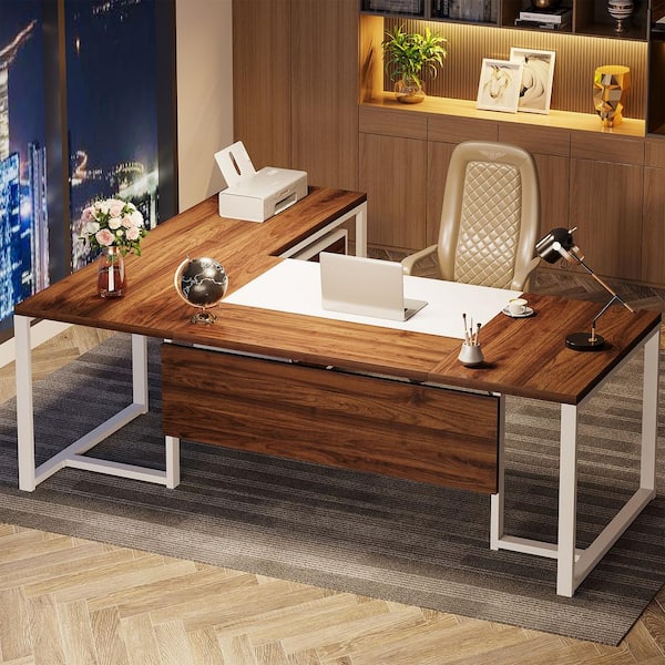 BYBLIGHT Capen 70.8 in. L Shaped Walnut and White Wood Executive