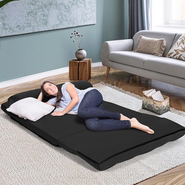44.5 in. Black Solid Foldable Floor Sofa Bed 6-Position Adjustable Couch with 2-Pillows