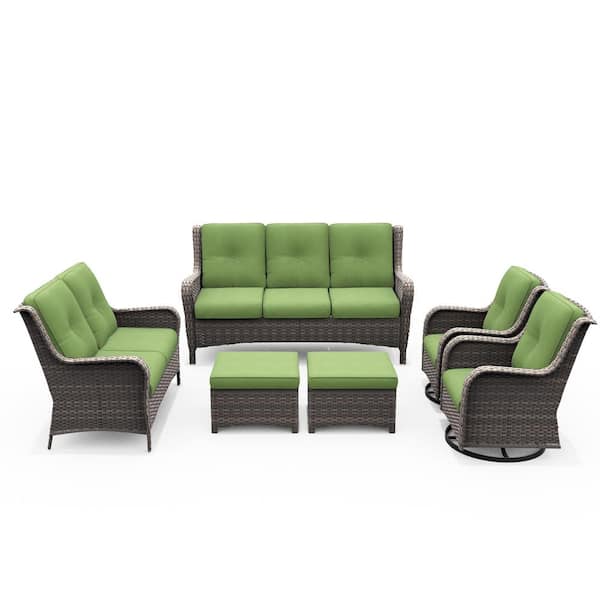 Patio Furniture Set 6-Piece Wicker Outdoor Patio Conversation Set with Green Cushions
