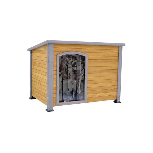 Tunearary 29.1 in. W x 42.3 in. L x 32.3 in. H Outdoor Warm Indoor Wooden with Curtains Waterproof Winter Large Dog Kennel, Gold