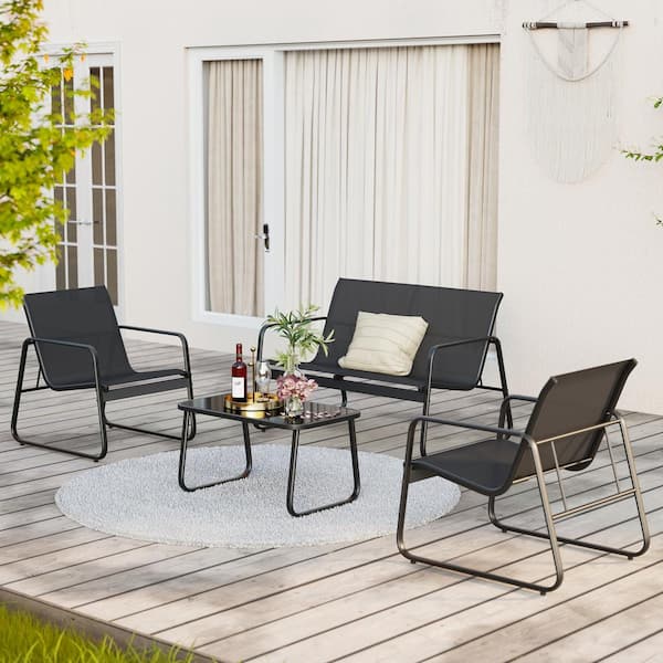 4-Piece Patio Furniture Set, Bistro Set with Loveseat and 2-Single Chairs, for Backyard, Balcony, Black