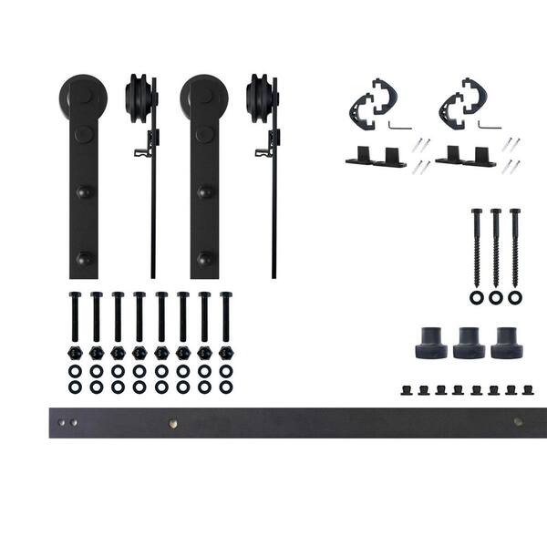 HOMACER 4.5 ft./54 in. Black Rustic Non-Bypass Sliding Barn Door Hardware Kit Straight Design Roller for Double Doors