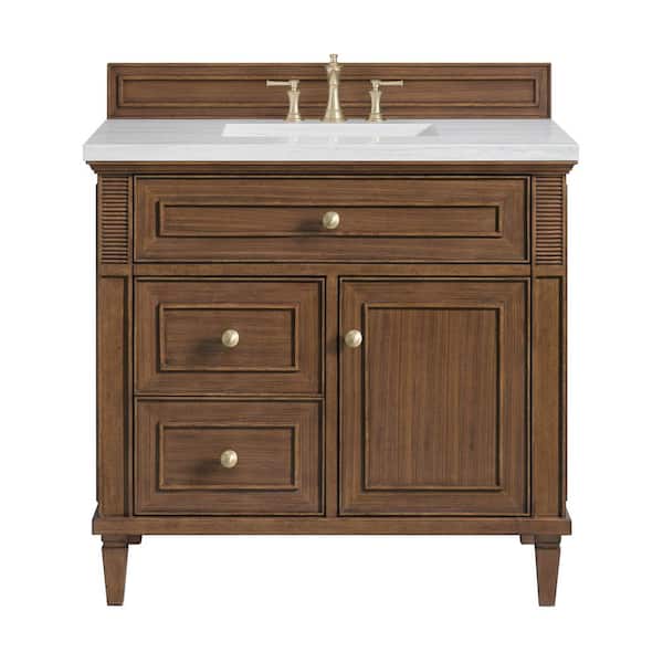 James Martin Vanities 36.0 in. W x 23.5 in. D x 34.06 in. H Single Sink BathVanity in Mid-Century w/ Walnut and Arctic Fall Solid Surface Top