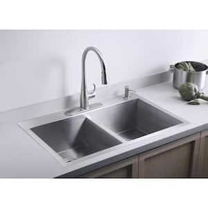 Vault Dual Mount Stainless Steel 33 in. 4-Hole Double Bowl Kitchen Sink with Basin Rack