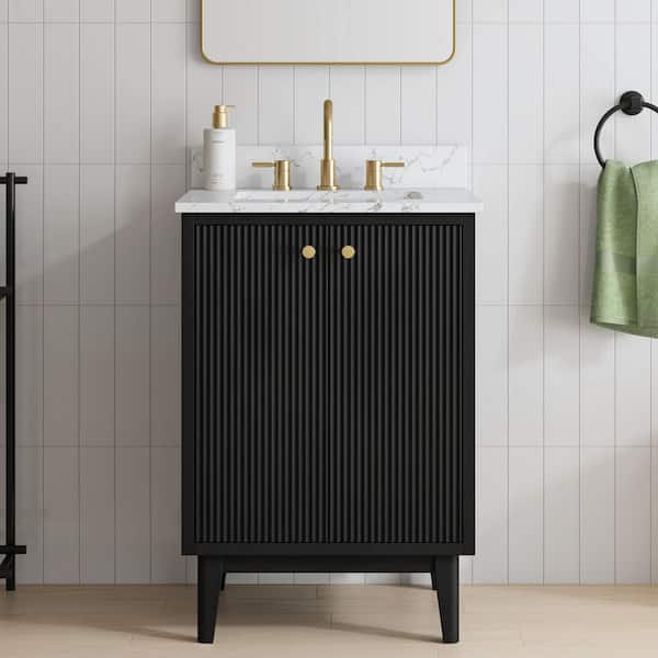 Sylvie 24 in. Single Sink Fluted Black Bathroom Vanity with Carrara Venato Engineered Stone Top (Assembled)