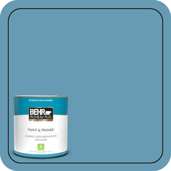 BEHR PREMIUM PLUS 1 qt. #S490-4 Yacht Blue Satin Enamel Low Odor Interior Paint & Primer