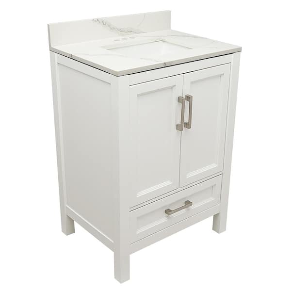 Amluxx Salerno 25 in. W x 19 in. D Bath Vanity in. White with Quartz Stone Vanity Top in Calacatta White with White Basin