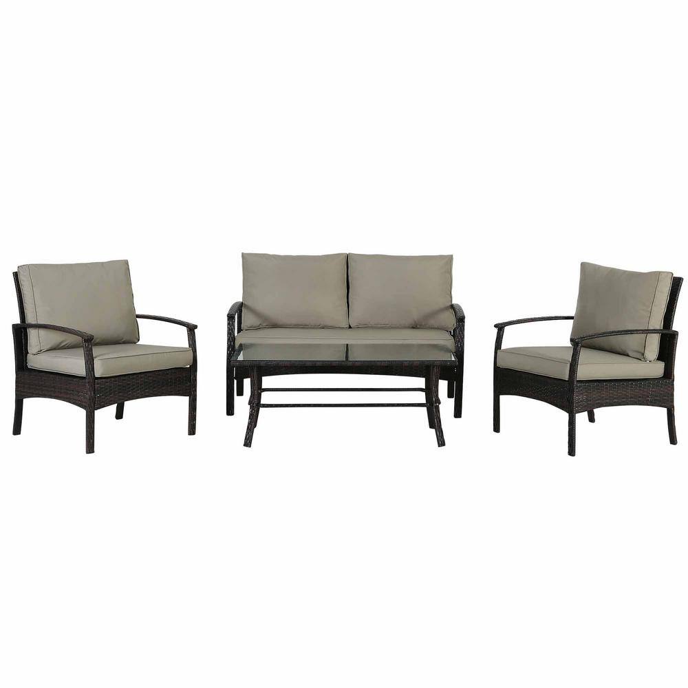 Brown 4-Piece Patio Rattan Outdoor Chair with Coffee Table and Khaki Cushio