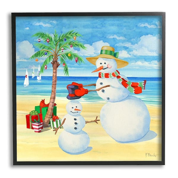 Stupell Industries Festive Snowman Beach by Paul Brent 1-Piece Framed Graphic Print Nature Poster Art Print 17 in. x 17 in.