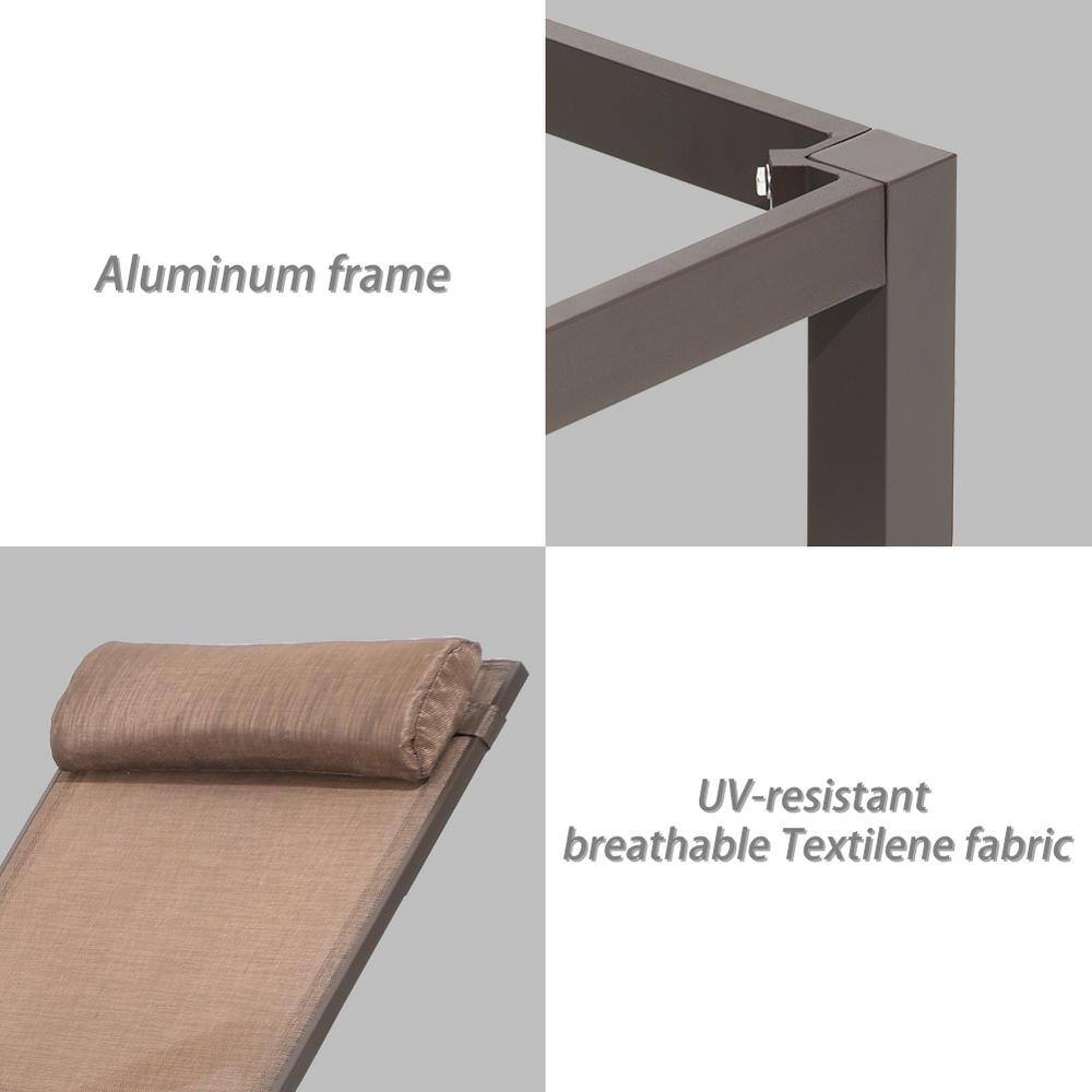 Brown Aluminum Adjustable Outdoor Chaise Lounge with Cushion
