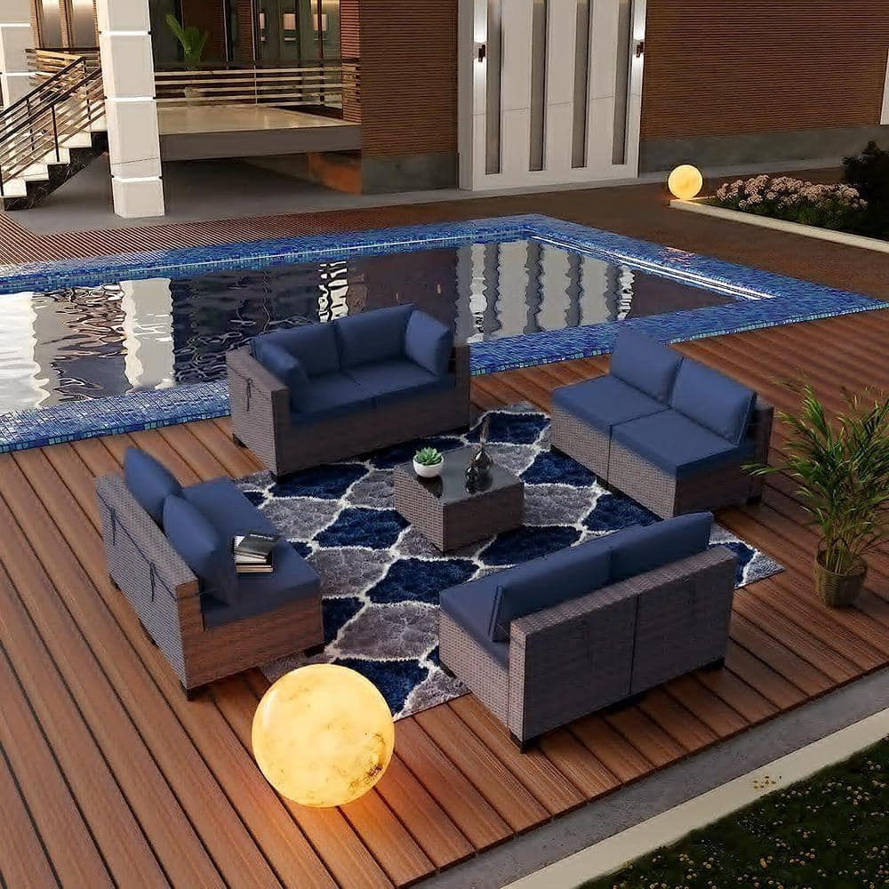 8-Person Brown Steel Wicker Outdoor Sectional Sofa Set with Navy Blue Cushions