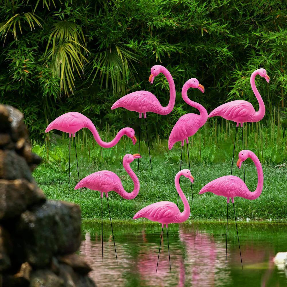 Mini Pink Plastic Flamingo Yard Ornament Stakes, 10-Pack